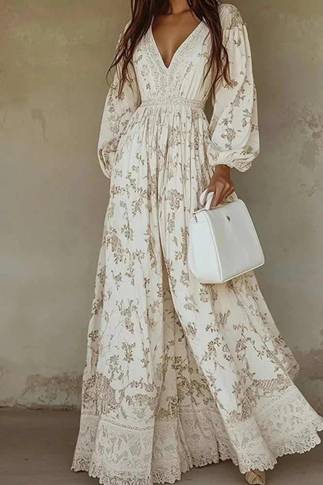 Elegant Long Sleeve Lace V-Neck Printed Maxi Dress