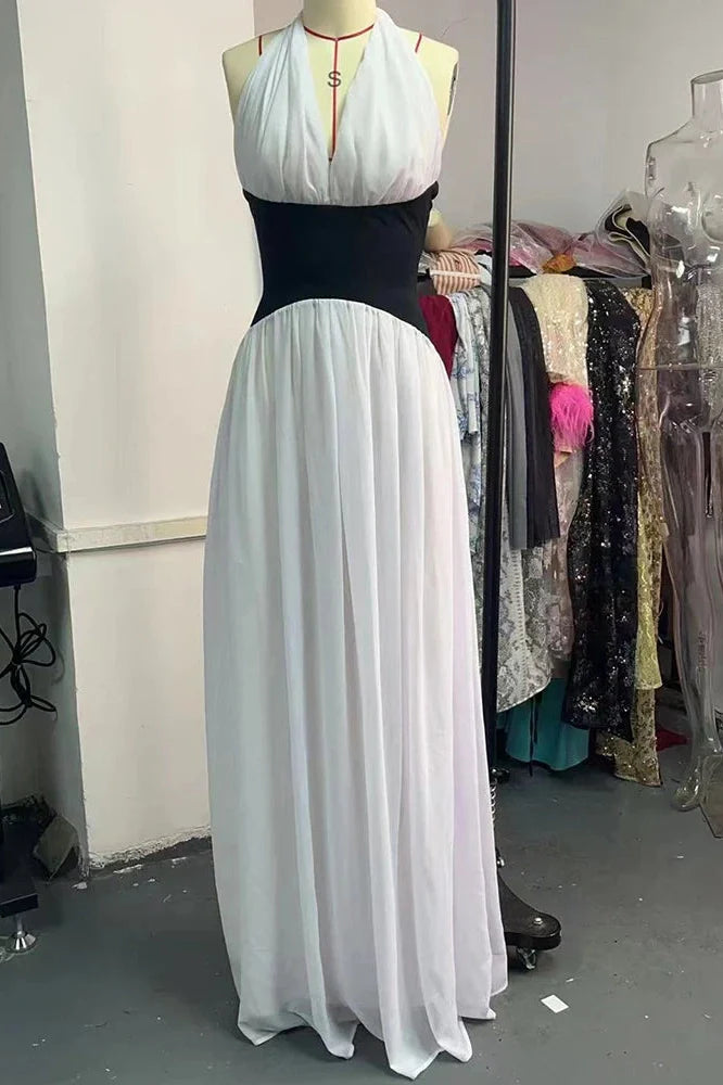 Deep V Neck Backless Patchwork Sleeveless High Waist Maxi Dress