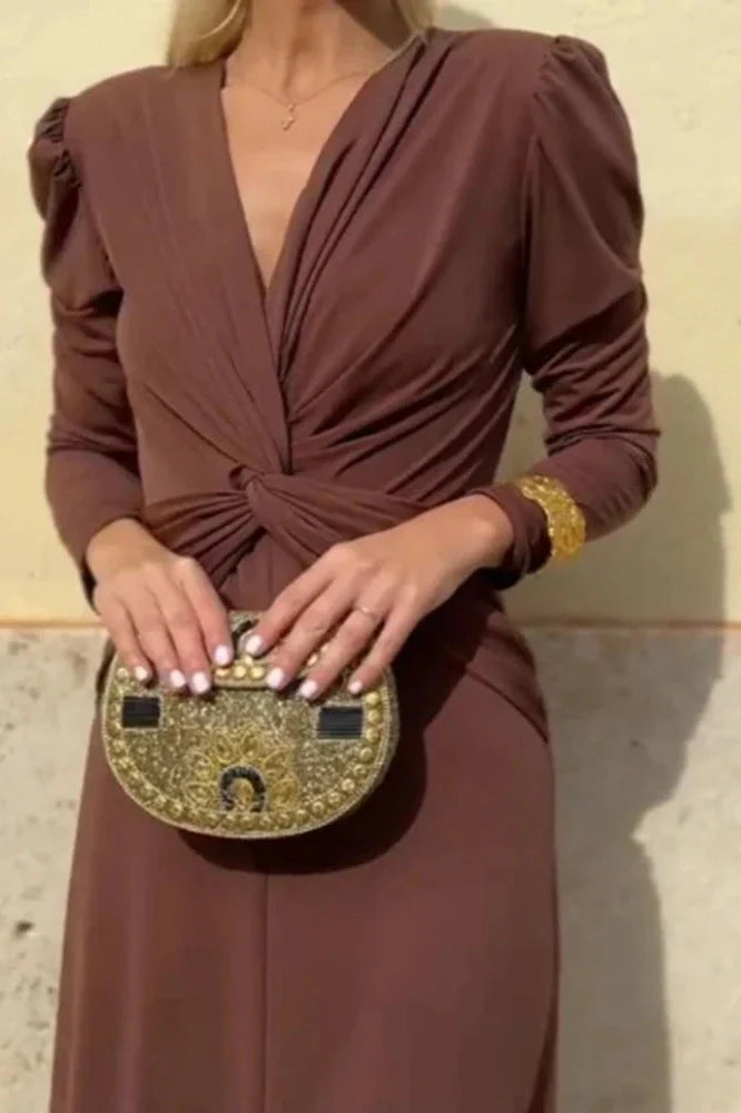 Elegant V-Neck Slim Long Sleeve High Waist Maxi Dress