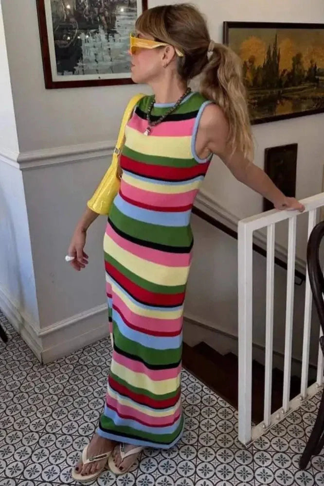 Striped Knit Patchwork Sleeveless Bodycon Maxi Dress