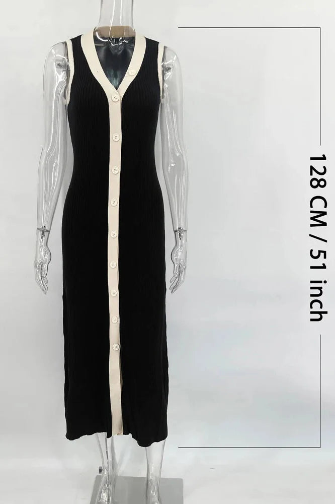 V Neck Sleeveless Single Breasted Knitted Bodycon Maxi Dress