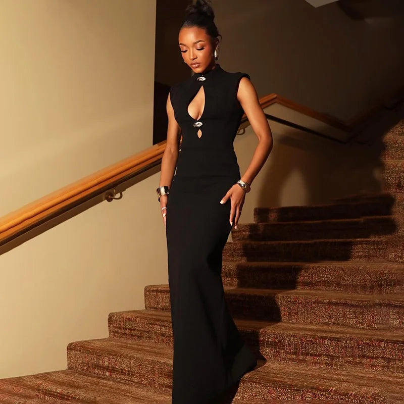 Hollow Out Patchwork Sleeveless Maxi Dress