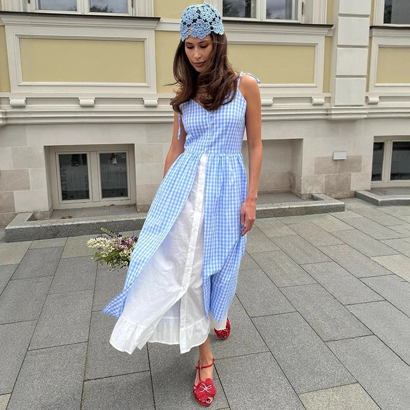 Plaid Printed Single Breasted Maxi Dress