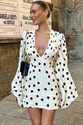 Polka Dot Long Sleeve Deep V Neck High Waist Mini Dress