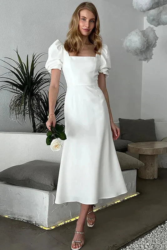 Elegant Square-Neck Short-Sleeved Slim Midi Dress