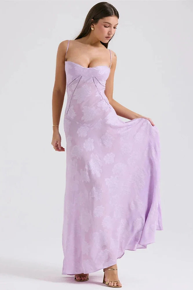 Elegant Print Spaghetti Strap Sleeveless Backless Maxi Dress