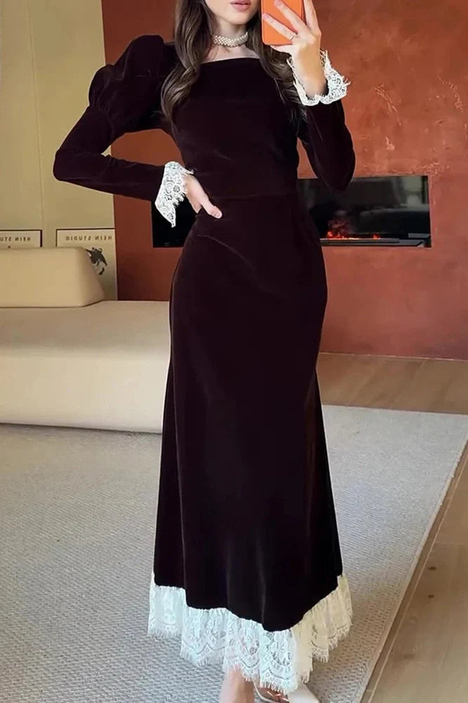 Elegant Long Sleeve High Waist Lace Maxi Dress