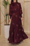 Elegant Printed Pleated High Waist Long Sleeve Slim Maxi Dress