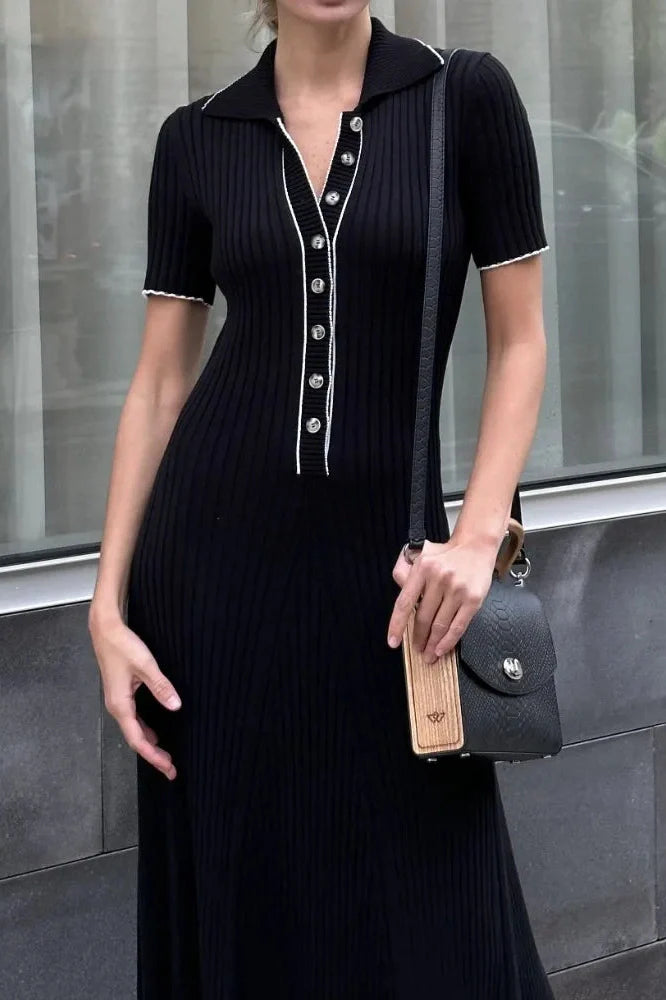 Deep V Neck Slim Short Sleeve Knitted Bodycon Maxi Dress
