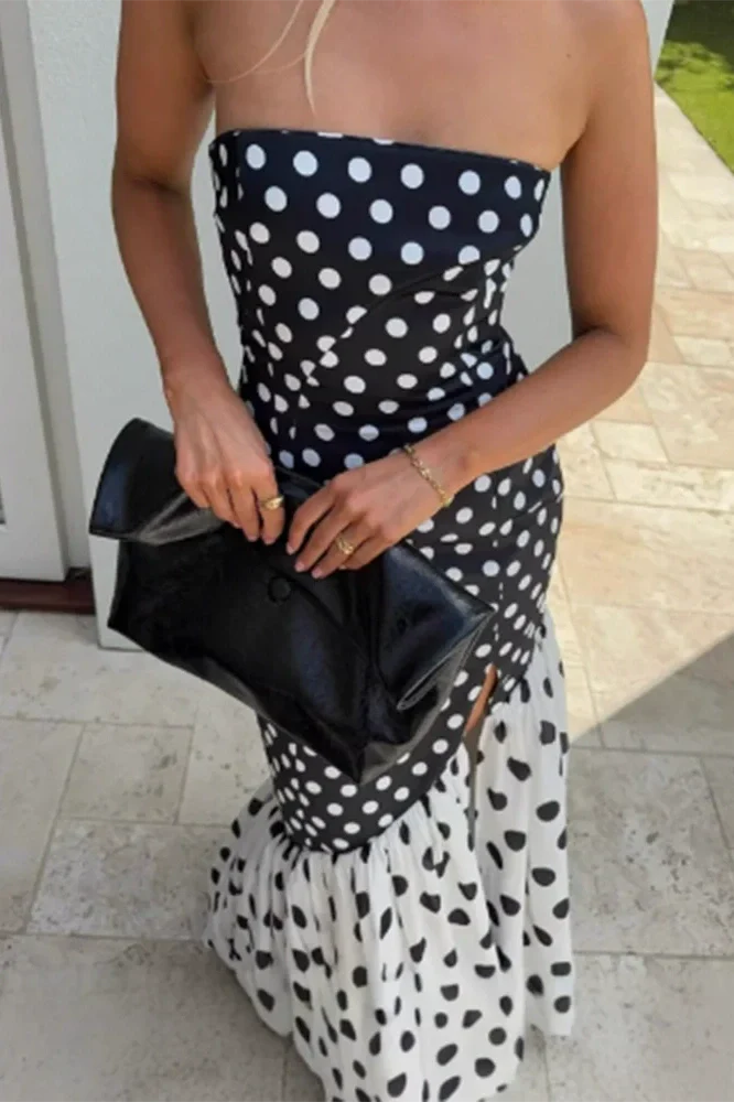 Elegant Split Polka Dot Printed Strapless High Waist Maxi Dress