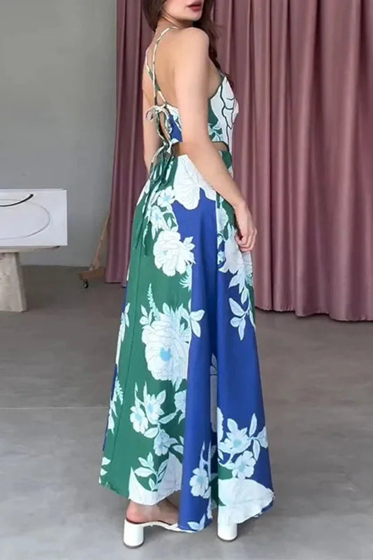 Hollow Out Lace Up Backless Sleeveless Printed Maxi Dress