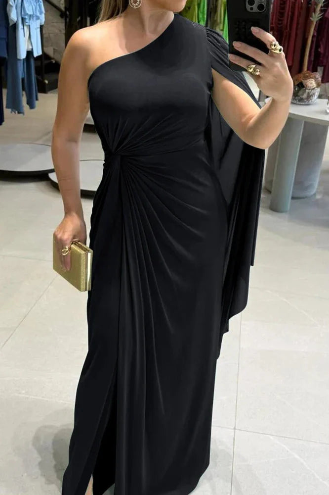 Elegant Slash Collar High Split Maxi Dress