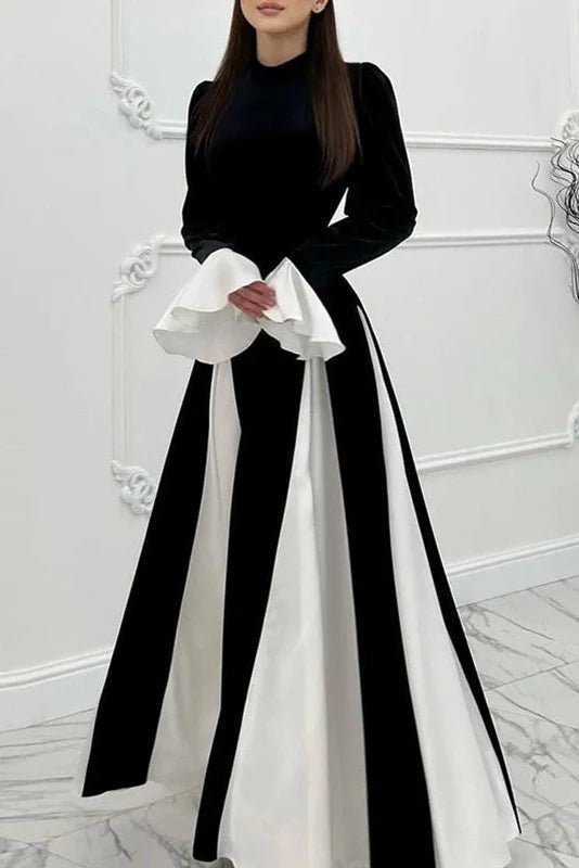 Flared Sleeve Patchwork High Waist O Neck Maxi Dress