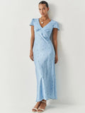 Printed Short Sleeve V Neck High Waist Midi Dress