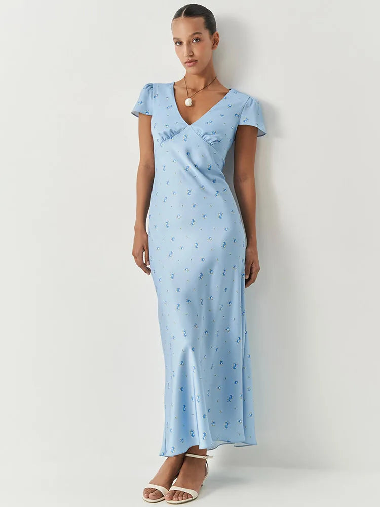 Printed Short Sleeve V Neck High Waist Midi Dress