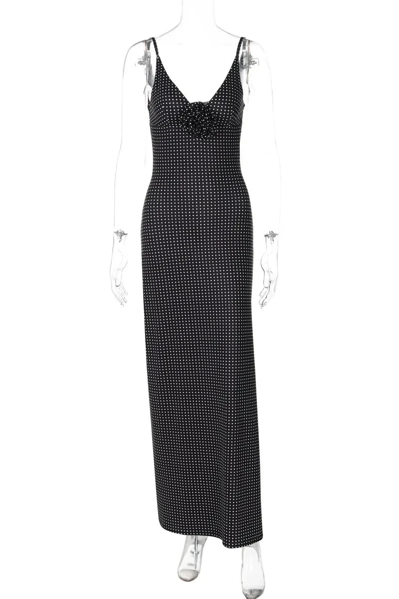 Elegant Polka Dot Printed Slit V-Neck Bodycon Maxi Dress