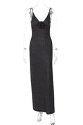 Elegant Polka Dot Printed Slit V-Neck Bodycon Maxi Dress