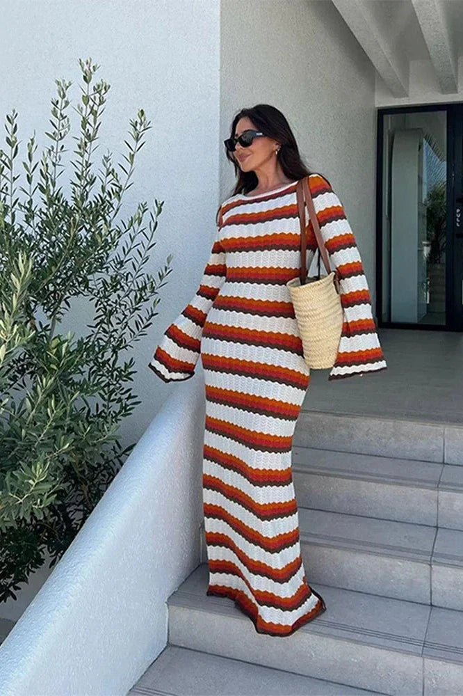 Hollow Out Striped Long Sleeve Loose Maxi Dress