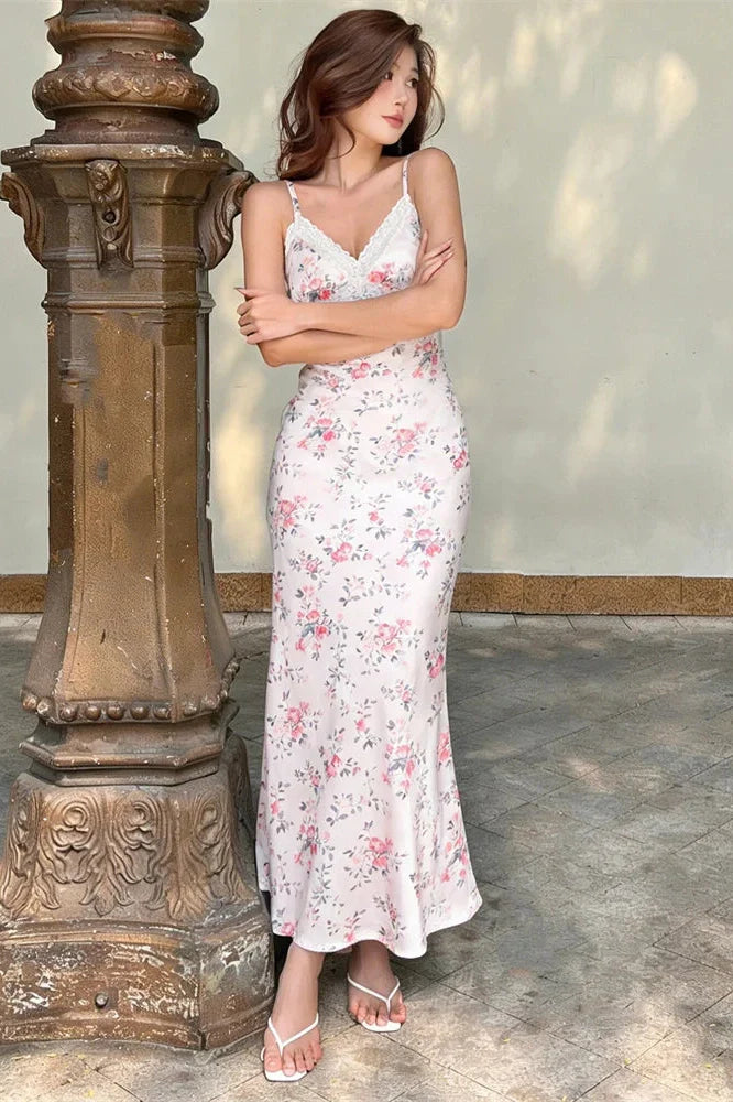 Lace Printed Backless High Waist Slim V-Neck Maxi Dress
