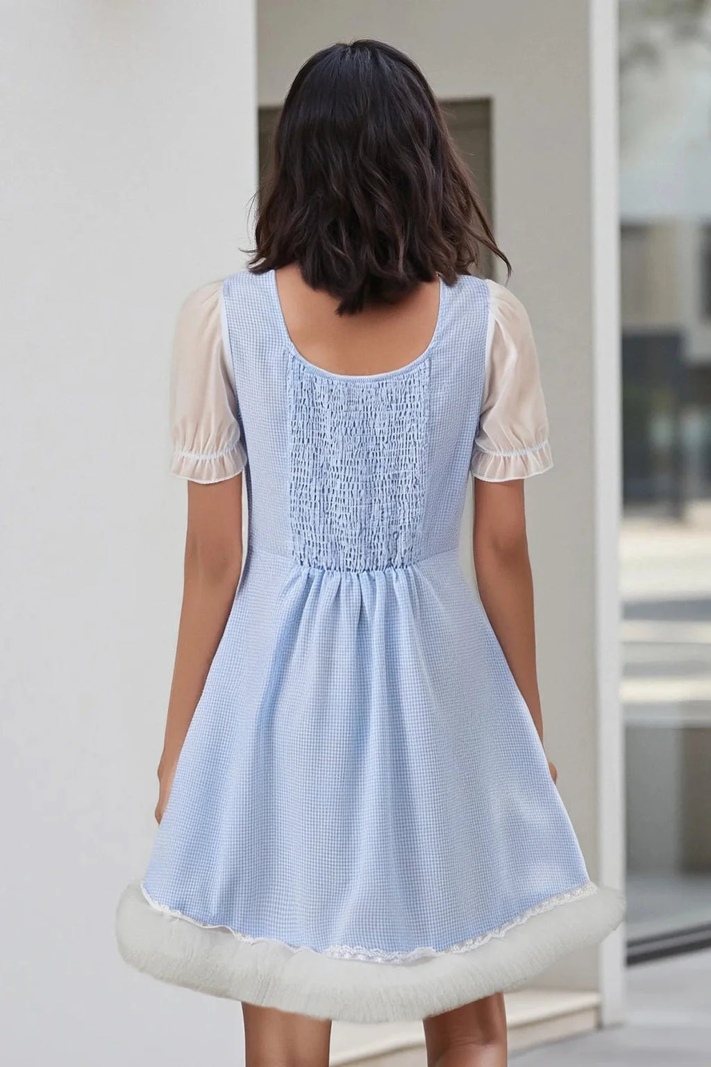 Plaid Square Neck Short Sleeve A-Line Mini Dress