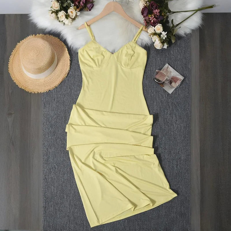 Spaghetti Strap V Neck Backless Slim Maxi Dress