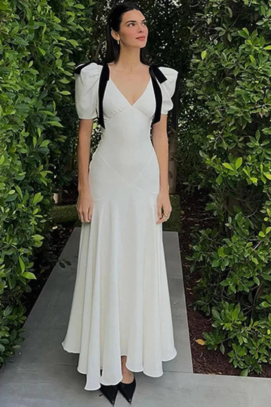 Elegant Lace Up Puff Sleeve V Neck Maxi Dress