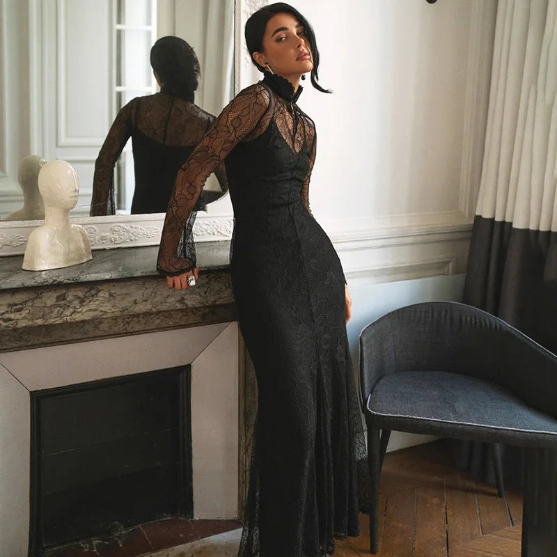 Lace Hollow Out See Through Patchwork High Waist Maxi Dress