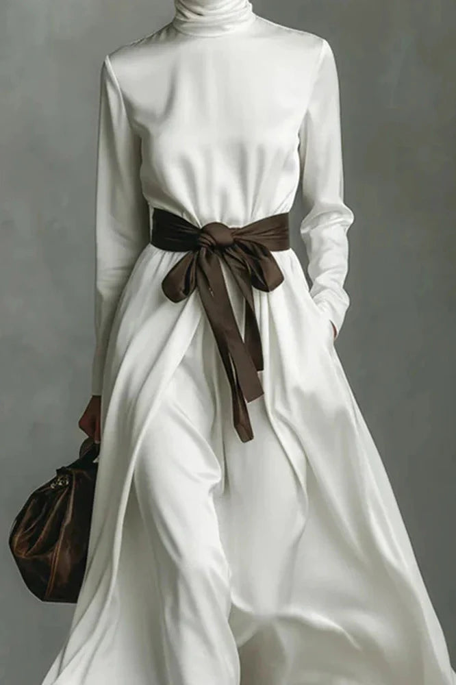 Elegant Lace Up Pleated Turtleneck Long Sleeve Maxi Dress