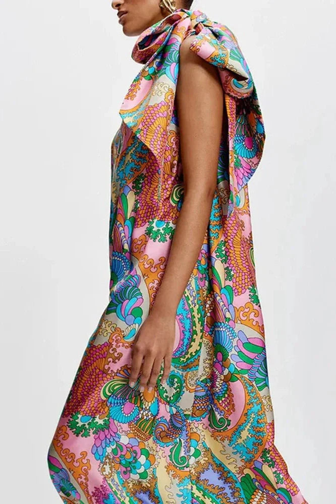 Elegant Printed Off Shoulder Pleated Maxi Dress