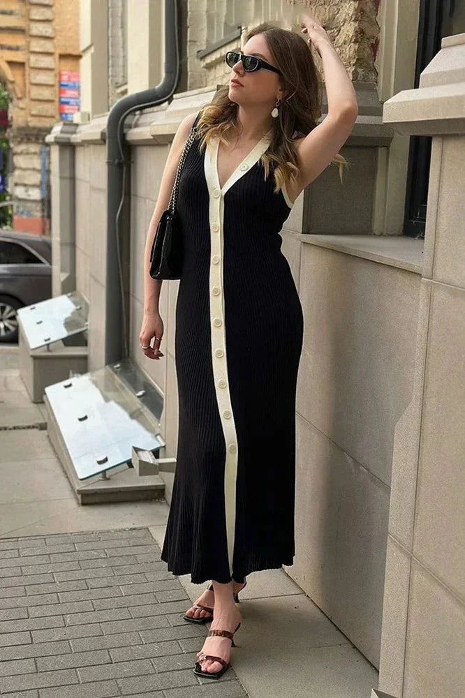 V Neck Sleeveless Single Breasted Knitted Bodycon Maxi Dress