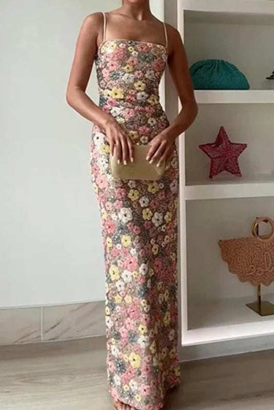 Floral Printed Spaghetti Strap Slim Sleeveless Maxi Dress