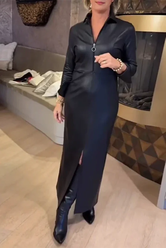Zipper Long Sleeve Bodycon PU Leather Maxi Dress