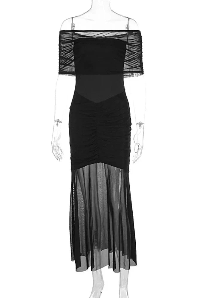 Strapless Pleated Two-Piece Backless See-Through Slim Maxi Dress