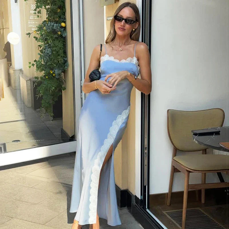 Elegant Patchwork Sleeveless Lace Split High Waist Maxi Dress