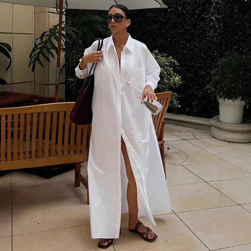 Long Sleeve Loose Single Breasted Slit Maxi Dress