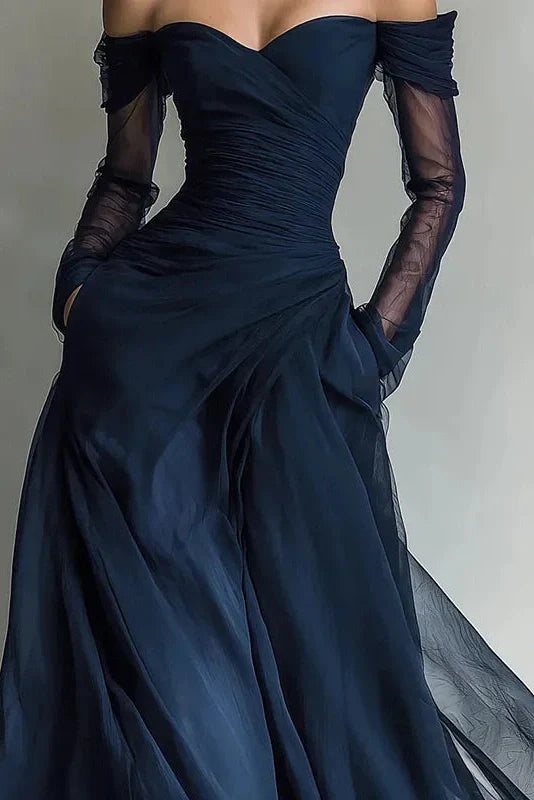 Off Shoulder High Waist Pleated Long Sleeve Slim Maxi Dress