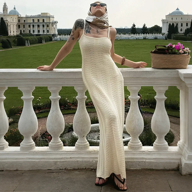 Elegant Hollow Out Backless Maxi Dress