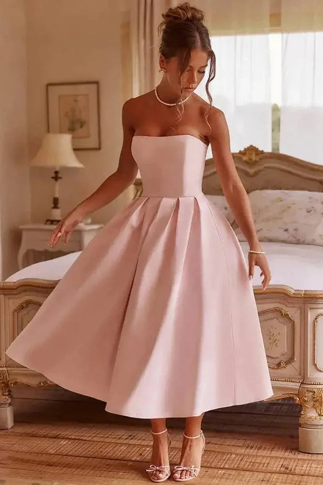 Off-Shoulder Strapless Sleeveless Backless High Waist A-Line Midi Dress