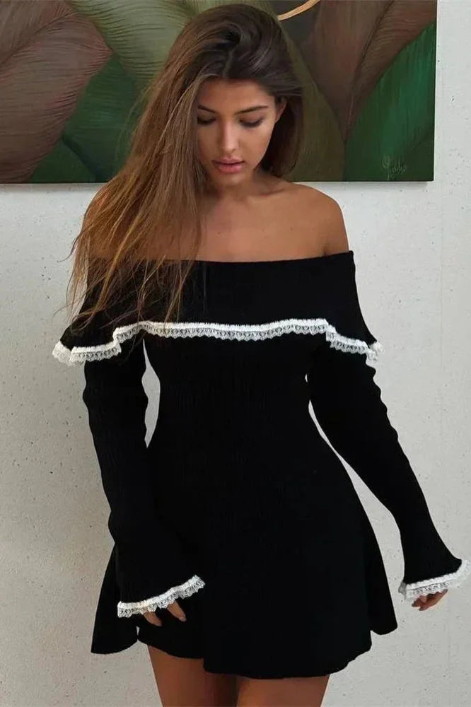 Off-Shoulder Lace Patchwork Slim Backless Mini Dress