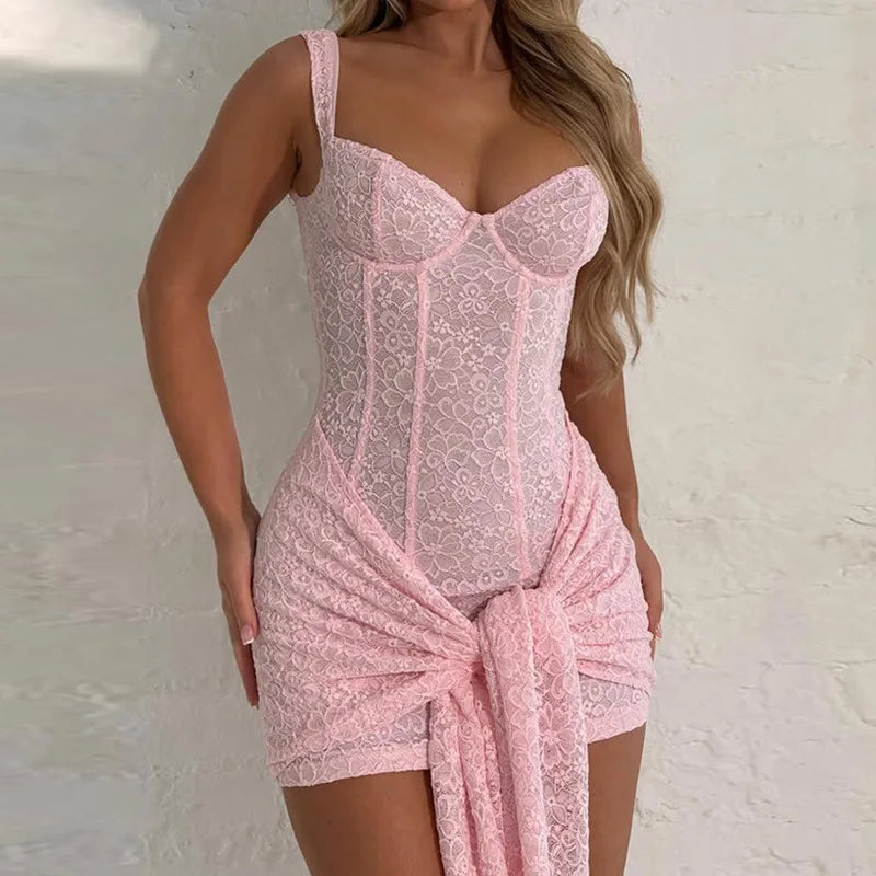 Lace V Neck Sleeveless High Waist Mini Dress