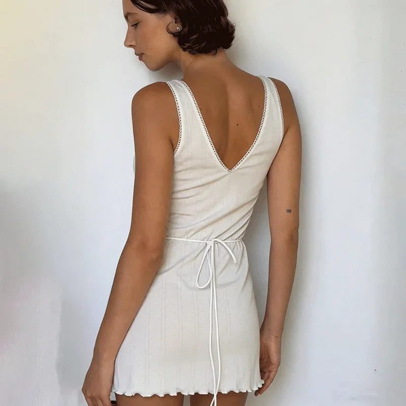 V-Neck Patchwork Sleeveless Lace-Up Mini Dress