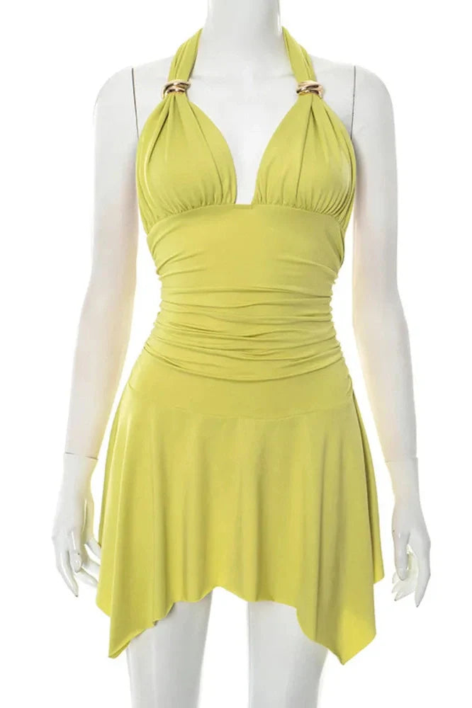 Backless V Neck Sleeveless High Waist Pleated Mini Dress