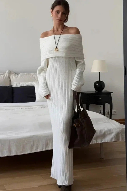 Knitted Off-Shoulder Long-Sleeved Slim High Waist Backless Maxi Dress