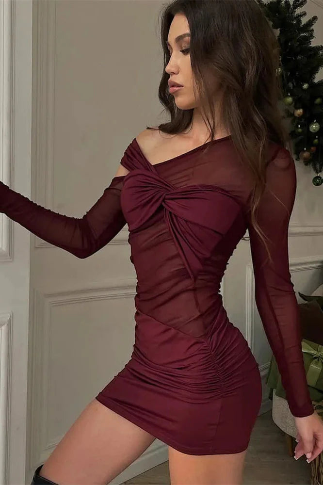 See-Through Pleated One-Shoulder High Waist Mini Dress