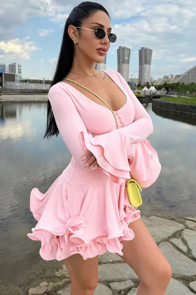 V-Neck High Waist Patchwork Long Sleeve Mini Dress
