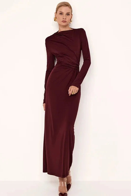 Pleated Slim High Waist Long Sleeve Patchwork Maxi Dress