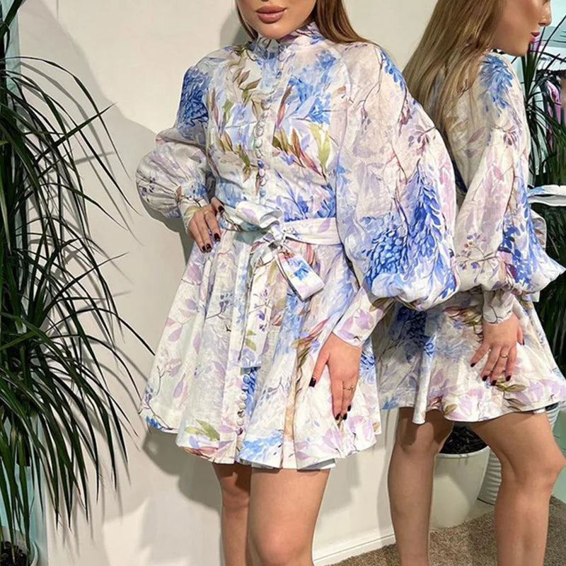 Printed Lace Up Single Breasted Mini Dress