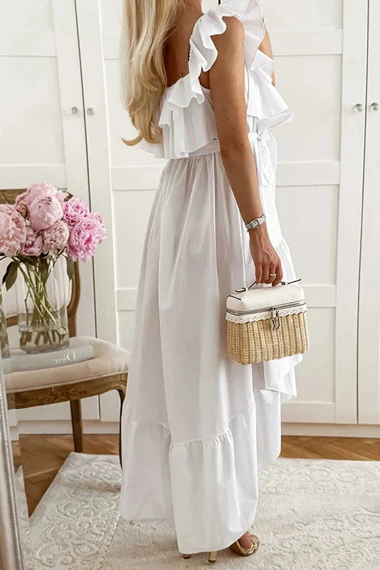 Lace Up U Collar Sleeveless High Waist Irregular Maxi Dress