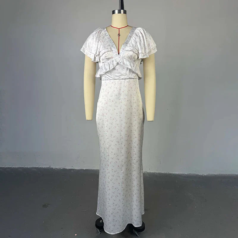 Printed V-Neck Slim Fit Maxi Dress
