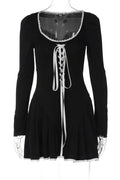 Lace Bandage Square Collar Puff Sleeve Mini Dress
